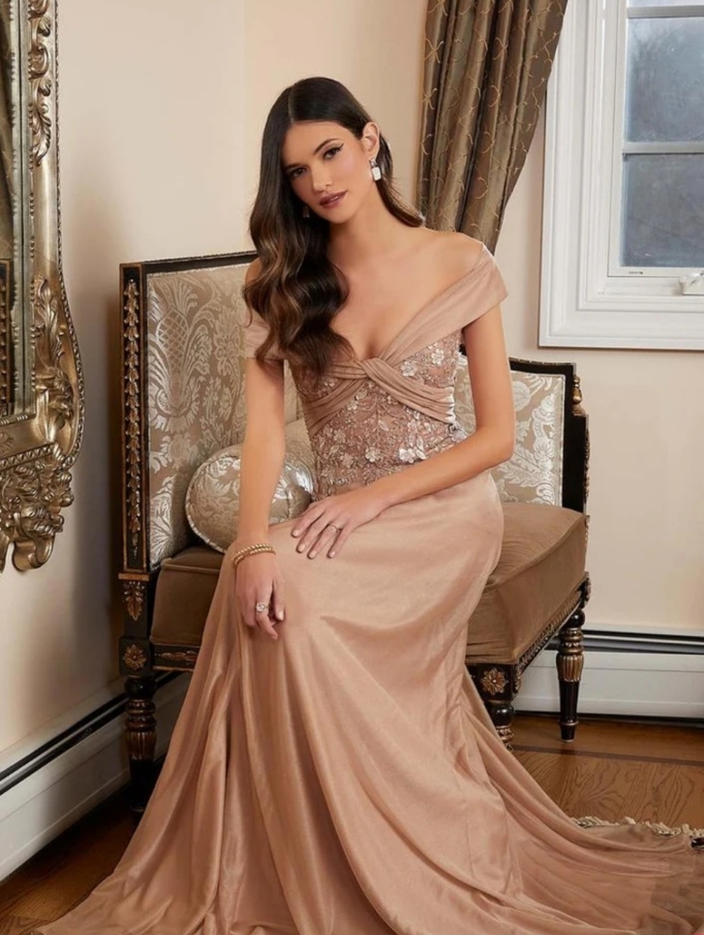 MGNY NWT Champagne Beaded Embroidery Off Shoulder Gown Dress Size 14 #72814